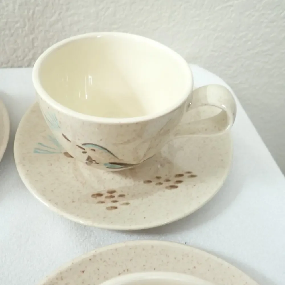 Red Wing Bob White Quail 10 Cup Saucer Sets MCM Hand Painted Pottery Vintage